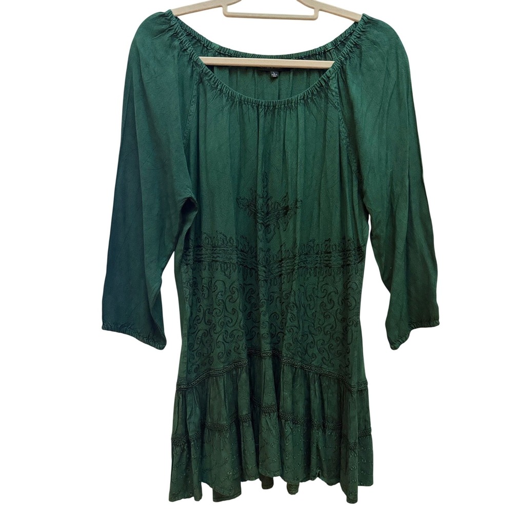 The Pyramid Collection Green Embroidered Tunic L Rayon Boho Mermaid Dark Fairy